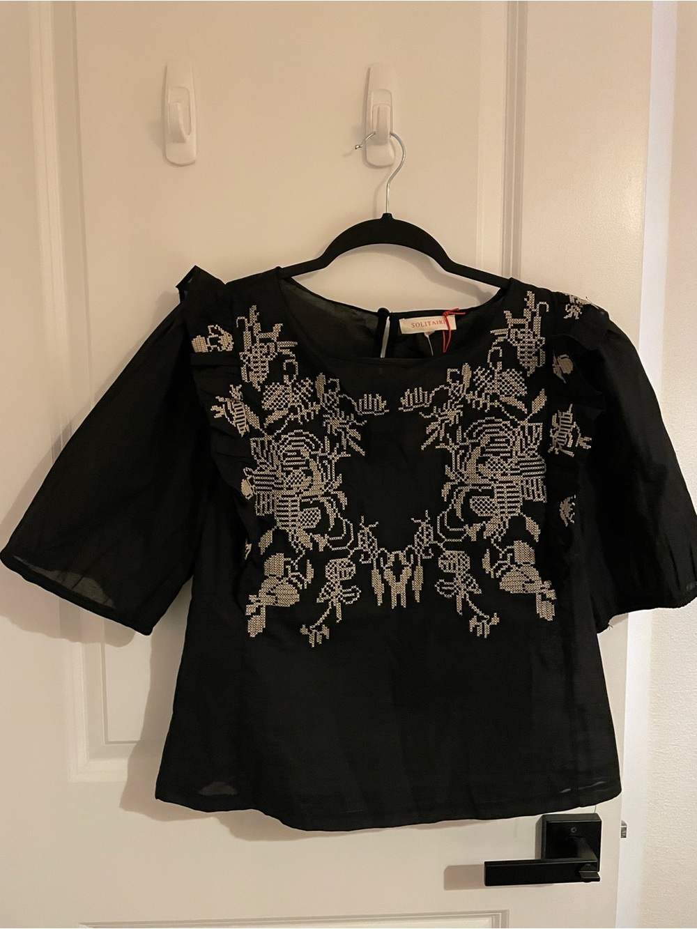 Solitaire Black Top with Cream Floral Embroidery
